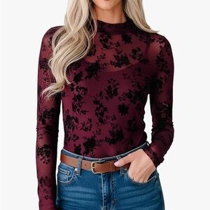 NWT Wine Red Floral Mesh Mock Neck Top